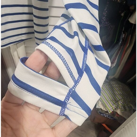 New Balance Blue and White Striped Long Sleeve Shirt Activewear - Picture 3 of 6